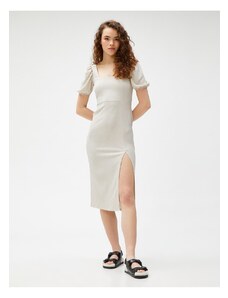 Koton Midi Dress with Balloon Sleeves and a Slit Square Neckline.