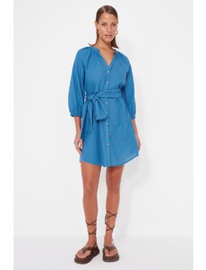 Trendyol Blue Beltted Mini tkané plážové šaty ze 100% bavlny
