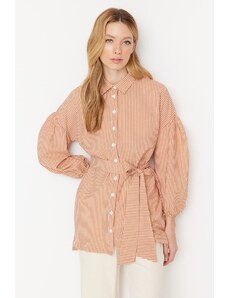 Trendyol Orange Striped Belted Balloon Back of the Sleeves Long Woven Shirt