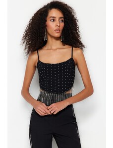Trendyol Black Crop Lined Knitted Bustier with Shiny Stones
