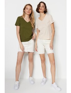 Trendyol Khaki-Beige 100% Cotton 2-Pack Basic V-Neck Knitted T-Shirt