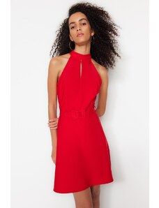 Trendyol Red Belted A-Cut Mini tkané šaty s vysokým límcem
