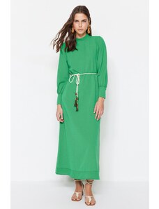 Trendyol zelený pás s detailem tkané šaty se širokou manžetou a plátěným vzhledem