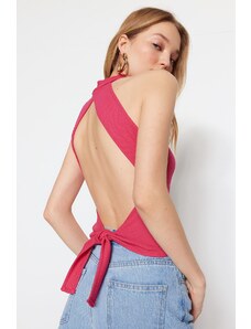 Trendyol Fuchsia With Open Back, Fitted Stand-Up Collar Crop Corduroy, Flexible Knitted Blouse