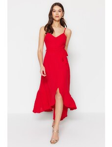 Trendyol Red Belted A-Cut Flounced Button Detailed Woven Maxi Dress