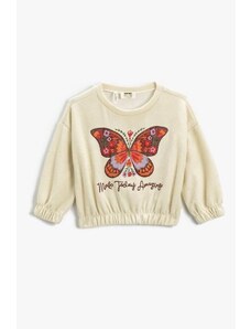 Koton Girls' Embroidered Butterfly Ribbed Round Neck Crop Sweatshirt