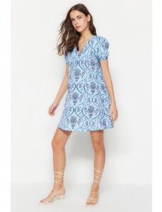 Trendyol modré široké tkané květinové šaty s květinovým vzorem