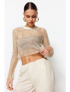 Trendyol Beige Lurex Mesh Relaxed Cut Crew Neck Crop Knitted Blouse