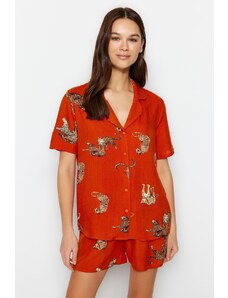 Trendyol Tile Animal Pattern Viscose Shirt-Shorts Weave Pajamas Set