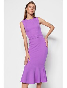 Trendyol fialové vypasované vypasované midi tkané volánové tkané šaty