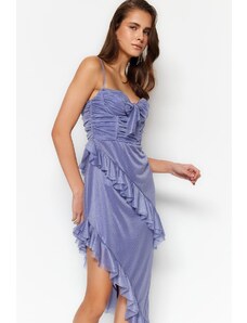 Trendyol modré lemované volánkové tylové elegantní večerní šaty