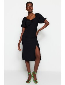 Trendyol Black Fitted Midi Woven Dress with Slit and Back Detail