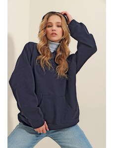 Trend Alaçatı Stili Women's Navy Blue Hooded Kangaroo Pocket 3 Thread Thick Sweatshirt