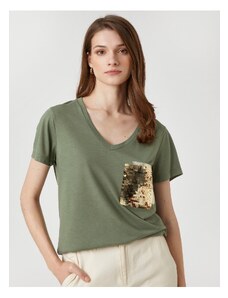 Koton Sequin Embroidered T-Shirt Short Sleeves V-Neck