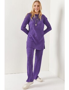Olalook Women's Purple Top Slit Blouse Bottom Palazzo Corduroy Suit
