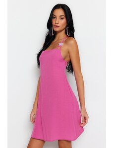 Trendyol růžové mini tkané plážové šaty s hlubokými zády