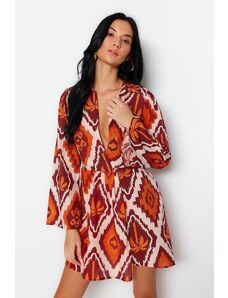 Trendyol Tropické vzorované mini tkané plážové šaty ze 100% bavlny
