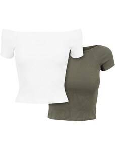 UC Ladies Dámské tričko Off Shoulder Rib Tee 2-Pack bílá+olivová