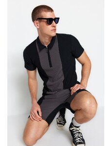 Trendyol Black-Grey Regular/Normal Fit Textured Anti-Wrinkle Zippered Polo Neck T-Shirt