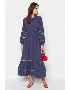 Trendyol Námořnické modré proužky Detailní bavlněné tkané šaty Half Pat
