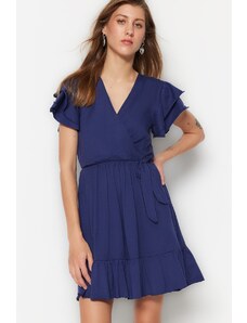 Trendyol Námořnická modrá 100% bavlna Volánky Detailní dvouřadé mini pletené šaty s volánky na rukávech