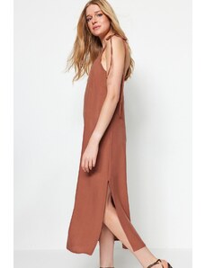 Trendyol Brown Straight Cut Slit Strappy Maxi Woven Dress
