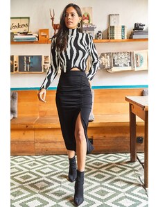 Olalook Women's Black Slit and Drape Detailed Zipper Midi Sandy Skirt