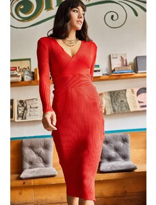 Olalook Women's Red Double Breasted Knitwear Dress