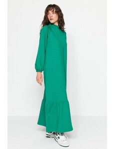 Trendyol zelené šaty s vysokým výstřihem a detailním pleteným rukávem