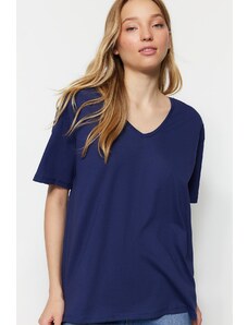 Trendyol Navy Blue 100% Cotton Oversize/Wide Fit V-Neck Short Sleeve Knitted T-Shirt