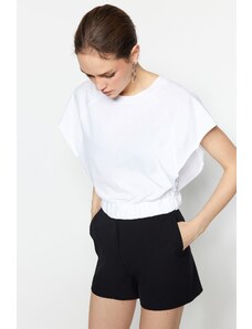 Trendyol White 100% Cotton Raglan Sleeve Crop Crew Neck Knitted T-Shirt