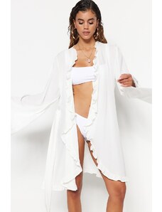 Trendyol Ecru Belted Mini Woven Flounce Kimono & Kaftan