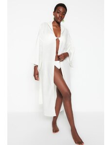 Trendyol Ecru Belted Maxi-Weave Hoodie 100% Cotton Kimono & Caftan