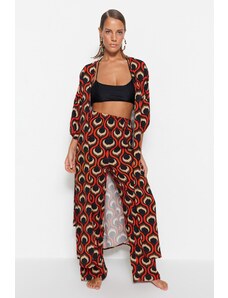 Trendyol Geometric Pattern Belted Maxi Woven Kimono & Kaftan with Balloon Sleeves