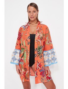 Trendyol Floral Pattern Belted Mini Woven 100% Cotton Kimono & Kaftan