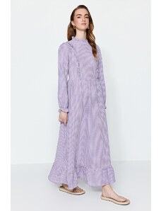 Trendyol Lilac Gingham vzorované volánkové detailní tkané šaty