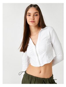 Koton Crop Poplin Shirt Front Zipper Long Sleeve Cuff Collar