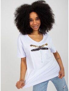Fashionhunters Bílé dámské tričko s flitrovou aplikací