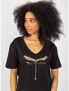 Fashionhunters Černé dámské tričko s flitrovou aplikací