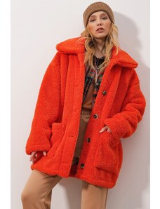 Trend Alaçatı Stili Women's Orange Polo Collar Double Pockets Front Buttoned Plush Coat