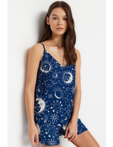 Trendyol Indigo Galaxy Patterned Viscose Undershirt-Short Woven Pajamas Set
