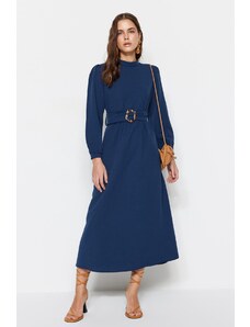 Trendyol Navy Blue Belted High Neck Linen Look Woven Dress