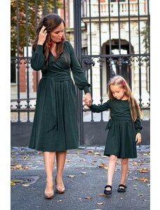 LOVEMADE Set šatů s páskem pro maminku a dceru - tmavě zelená
