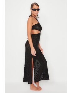 Trendyol černé vypasované maxi pletené plážové šaty s doplňky