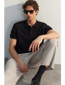 Trendyol Black Regular/Regular Fit Short Sleeve Textured Buttoned Polo Neck T-shirt
