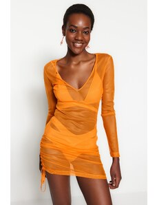 Trendyol oranžové vypasované mini tkané nabírané síťované plážové šaty