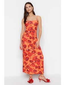Trendyol Oranžový květinový vzor Čtvercový límec Maxi strečové pletené šaty