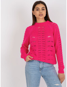 Fashionhunters Fluo růžový prolamovaný oversize svetr s kulatým výstřihem