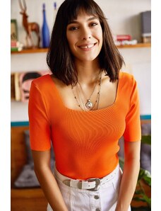 Olalook Women's Orange Square Neck Waist Top Knitwear Blouse