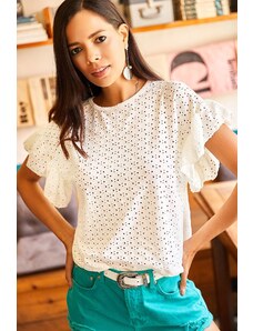 Olalook Women's Woven Ecru Blouse with Frilled Scallops and a Scalloped Look